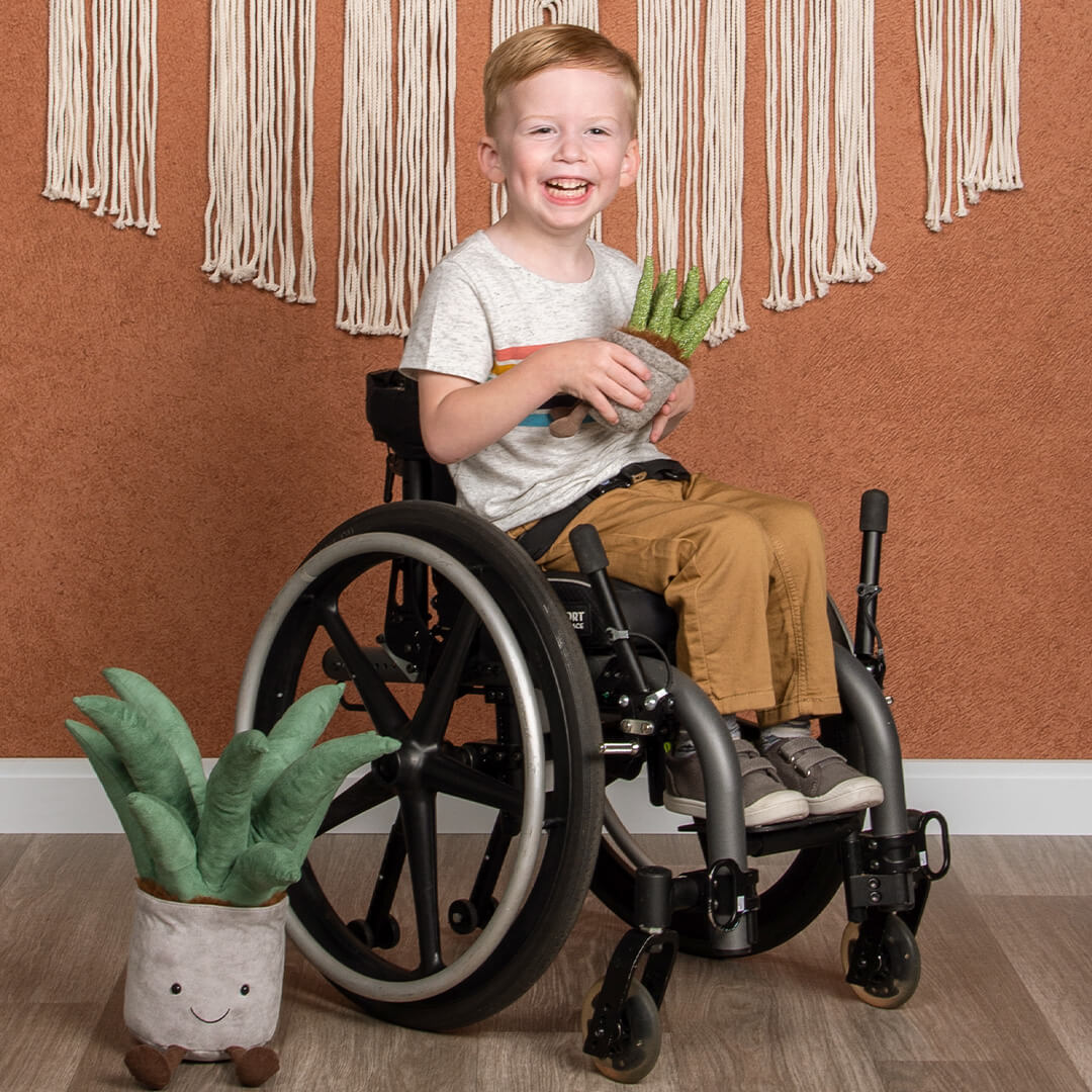Boy in a wheelchair posing for photos on Sienna background