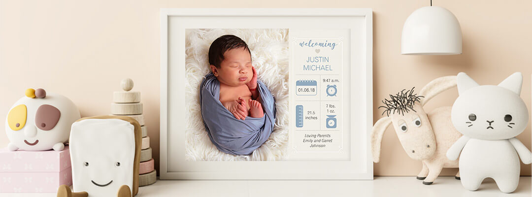 Newborn photo captured by JCPenney Portraits shown in a framed image with newborn milestones. 