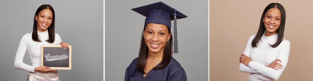 High School senior dressed in cap and gown captured during senior photo session with several ideas for senior pictures.