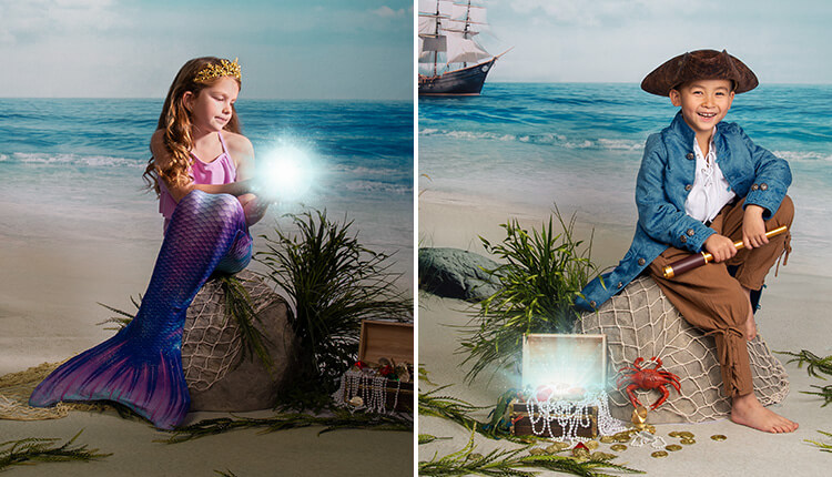 Girl dressed in a mermaid costume, and a boy dressed in a pirate costume.