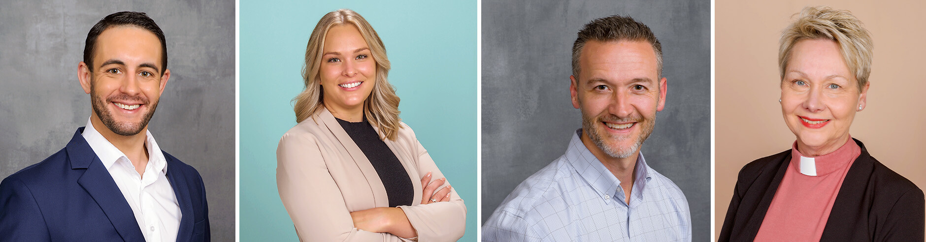 Men and women posing for professional headshots at JCPenney Portraits.