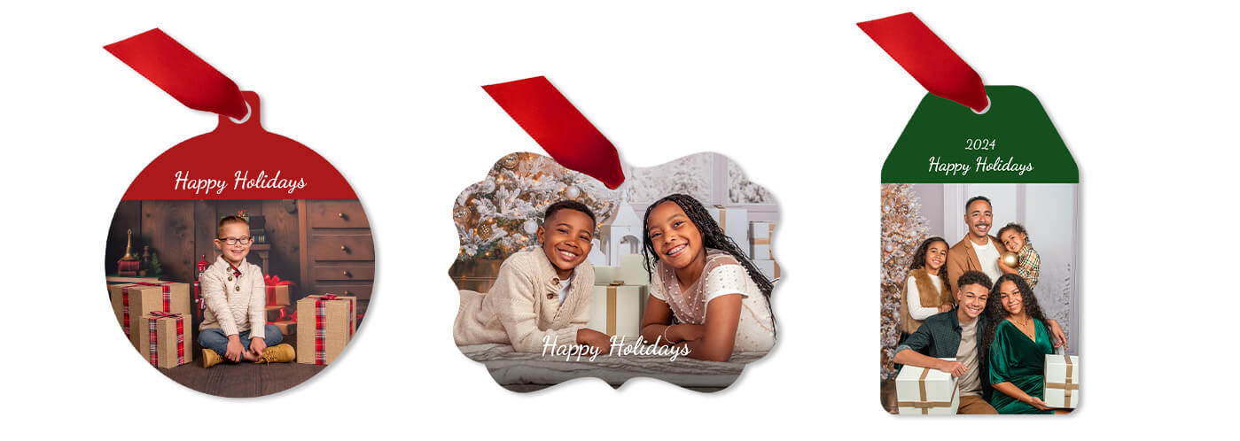 Personalized photo ornaments created using photos taken at JCPenney Portraits
